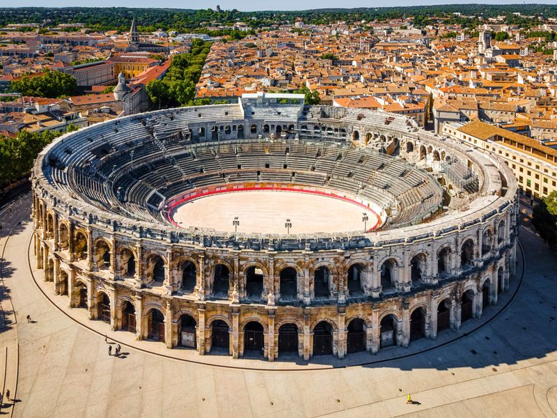 Aerial view of the Nîmes Arena in Nîmes, France.