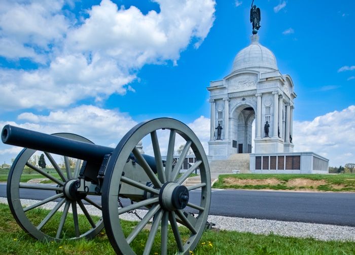 A Civil War cannon in front of the Pennsylvania State Memorial at Gettysburg National Military Park.