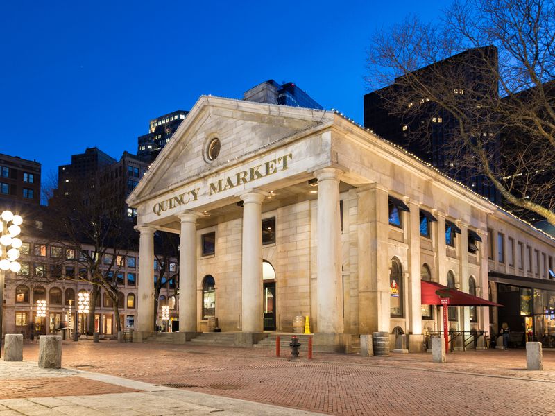 Quincy Market in Boston, Massachusetts at dusk.