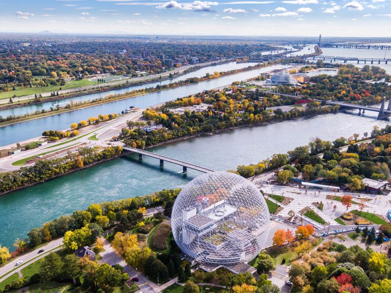 Aerial view of the Biosphere in Montreal during autumn.