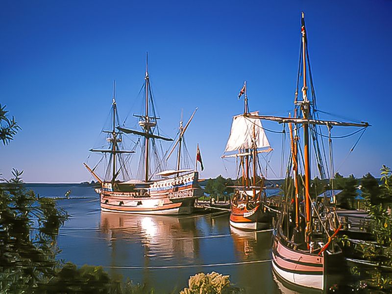 Susan Constant, Godspeed & Discovery docked in a harbor