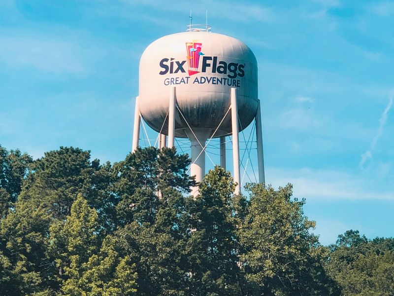 Six Flags Great Adventure water tower on a sunny day.