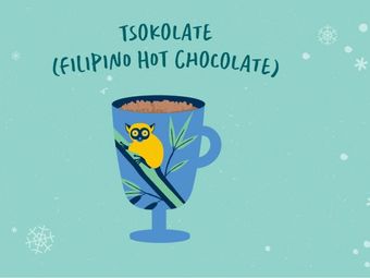 Illustration of Tsokolate (Filipino Hot Chocolate) in a blue mug with a tarsier on it.