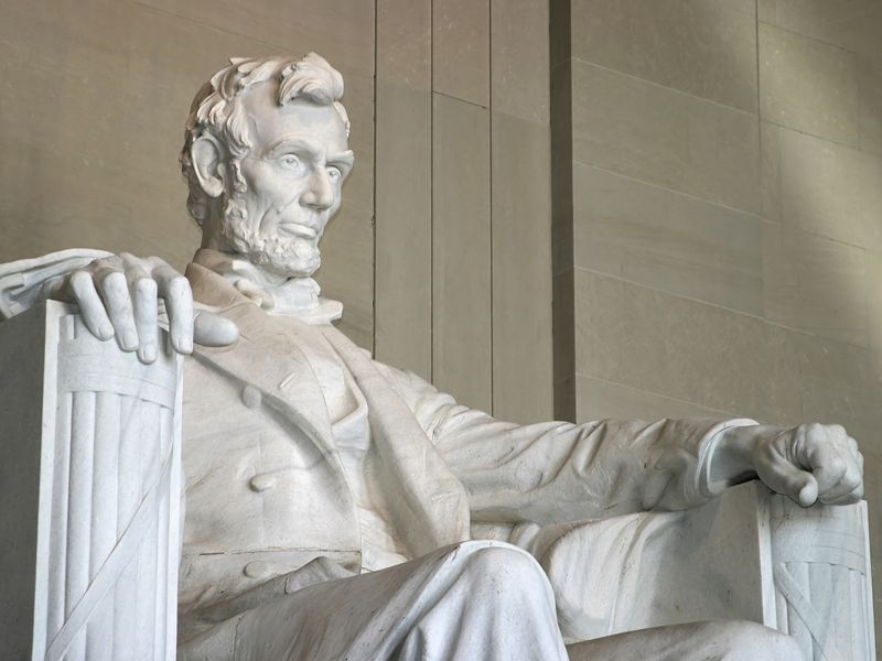 Close-up view of the Abraham Lincoln statue inside the Lincoln Memorial.