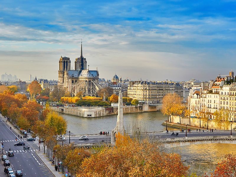 Aerial view of Notre Dame Cathedral in autumn, Paris, France.