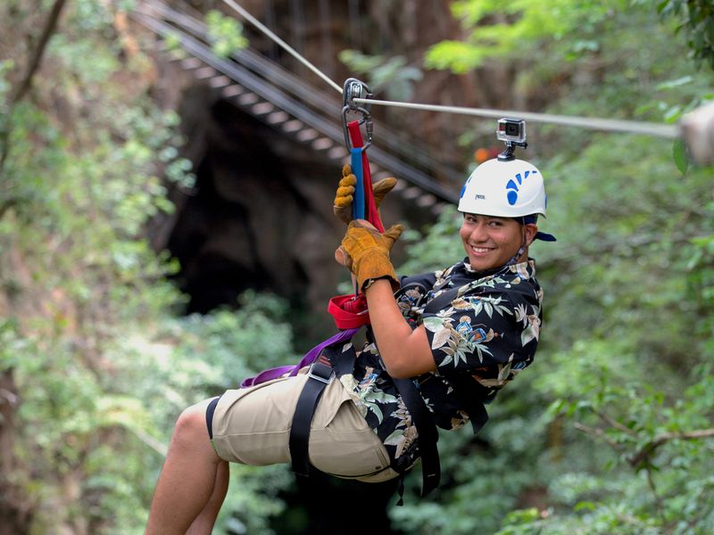 Teenager ziplining through a forest canopy