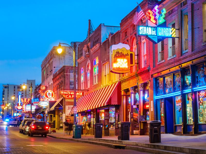 Beale Street at night in Memphis, Tennessee.