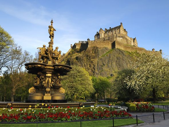 Edinburgh Castle overlooking Princes Street Gardens in the spring.