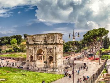 A panoramic view of the Colosseum and the Arch of Constantine in Rome, Italy.