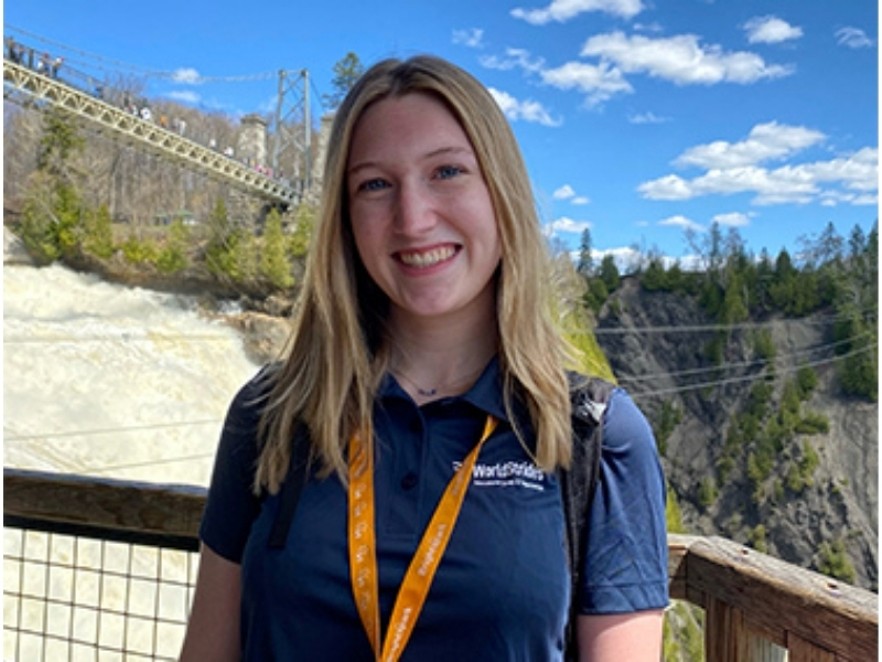 Young Woman at a Scenic Suspension Bridge and Waterfall