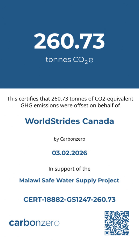 Carbonzero Emission Offset Certificate for WorldStrides Canada