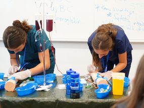 Two students practice phlebotomy on a model arm.