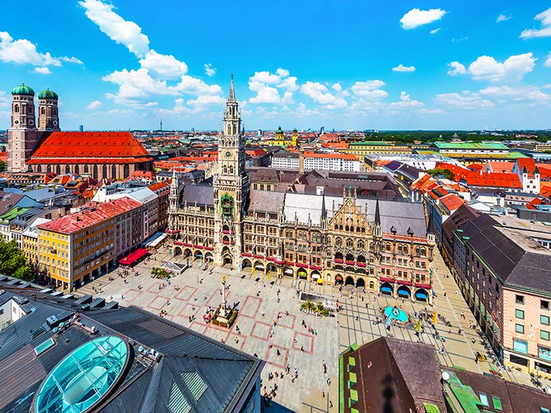 Aerial view of the New Town Hall in Marienplatz, Munich, Germany on a sunny day.