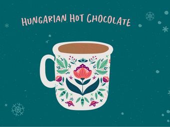 A mug of Hungarian hot chocolate on a teal background.