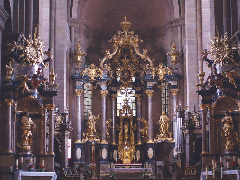 The ornate golden altar inside Fulda Cathedral in Fulda, Germany. 