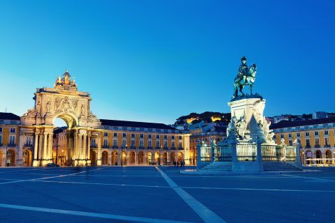 Commerce Square in Lisbon, Portugal at dusk