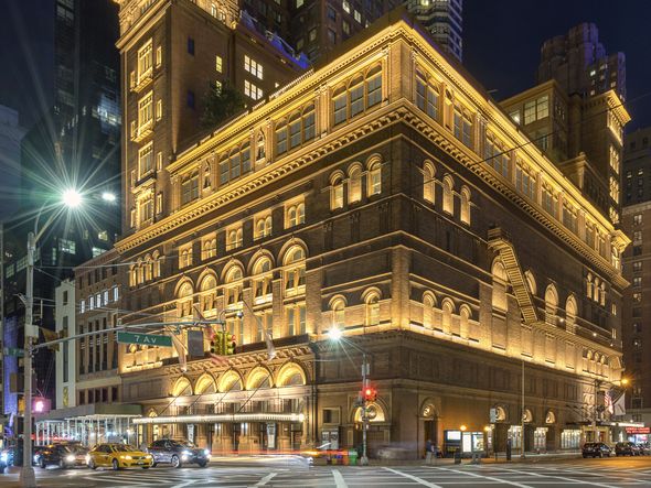 A night view of Carnegie Hall in New York City