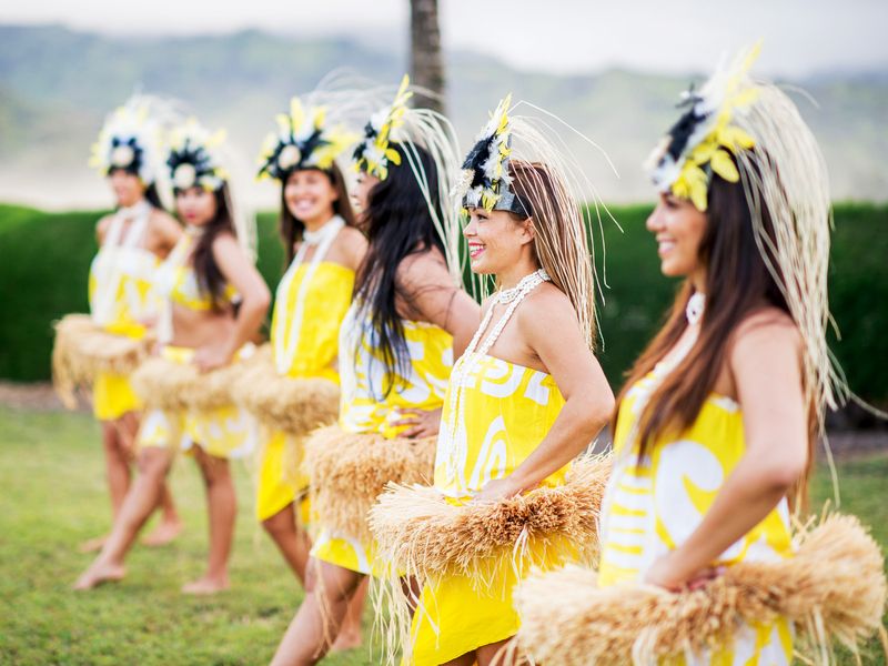 Group of Polynesian Women Performing a Traditional Dance