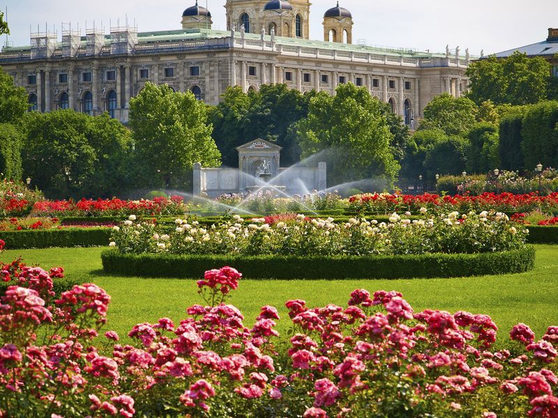 Beautiful rose garden in front of Vienna's Natural History Museum