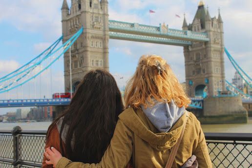 Two young adults with their backs to the camera looking at Tower Bridge in London, England