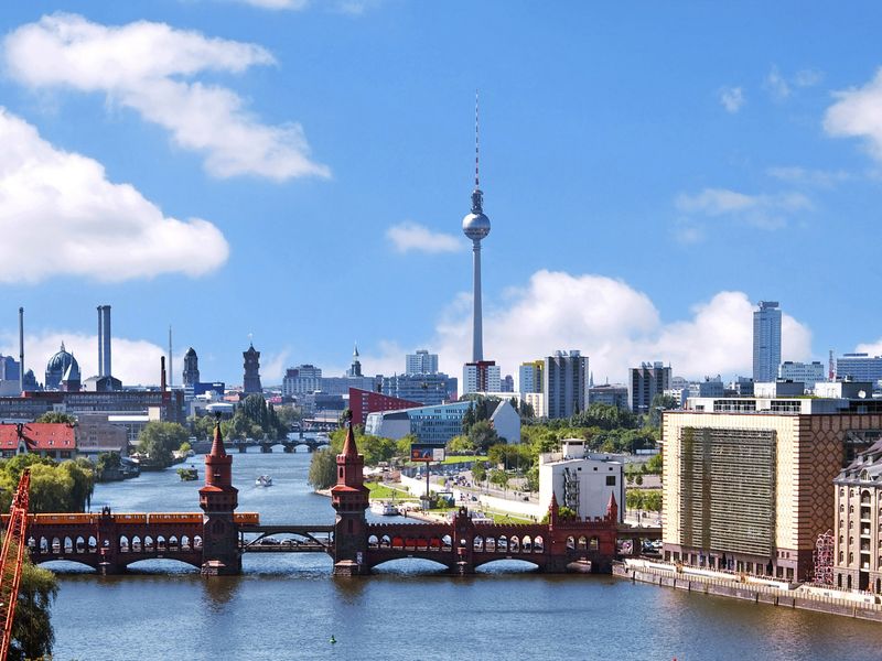 Berlin cityscape with Oberbaum Bridge and Fernsehturm.