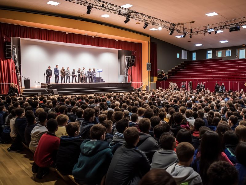 A large audience of adults and teenagers gathered in an auditorium, attentively watching a group of adults on stage.