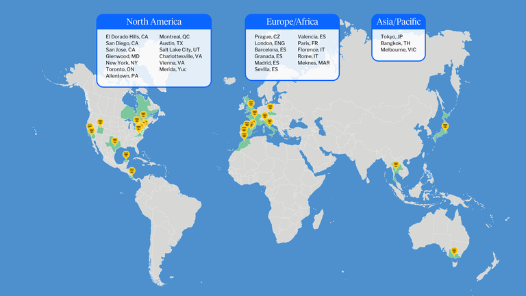 WorldStrides travel map highlighting locations in North America, Europe/Africa, and Asia/Pacific.