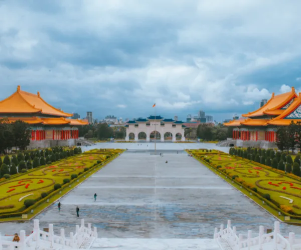 A view of Liberty Square in Taipei, Taiwan, featuring the National Chiang Kai-shek Memorial Hall, the National Concert Hall, and the National Theater.