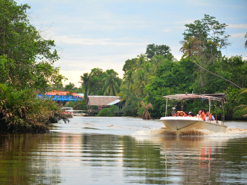 A tour boat filled with tourists wearing life jackets cruises down a tropical river in Tortuguero, Costa Rica.