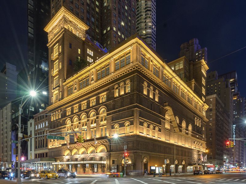 A night view of Carnegie Hall in New York City