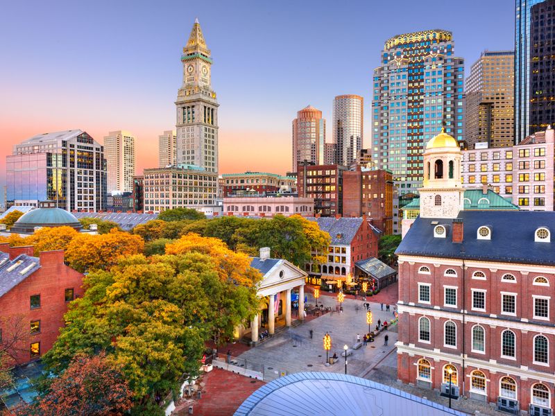 Boston, Massachusetts skyline at dusk.