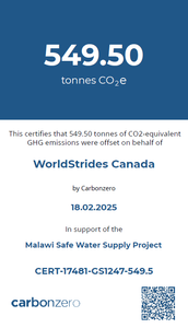 Carbonzero Emission Offset Certificate for WorldStrides Canada