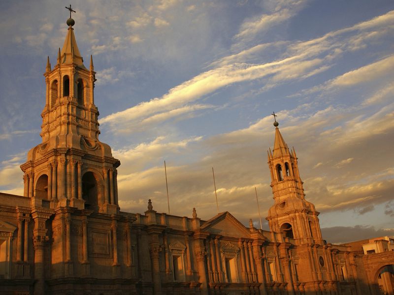 The Basilica Cathedral of Arequipa at sunset.