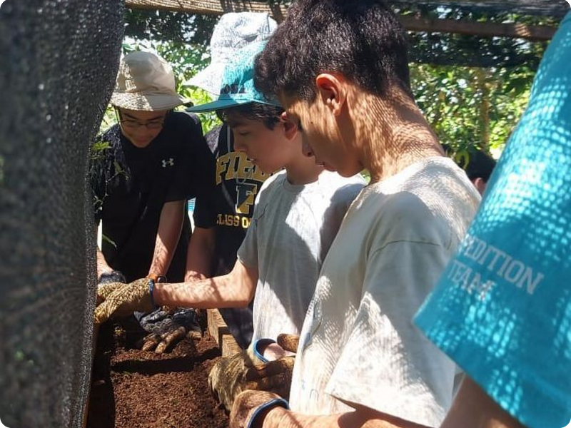 Teenagers working together on a gardening project outdoors.