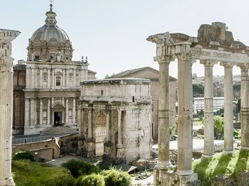 Ruins of Roman Forum on a sunny day in Rome, Italy