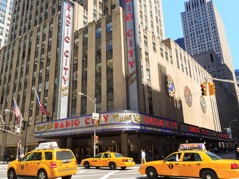 The front exterior of Radio City Music Hall in New York City.