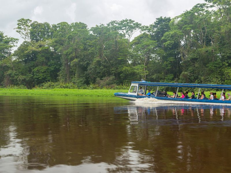 A boat carrying tourists travels down a river through the rainforest.