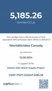 Carbonzero Emission Offset Certificate for WorldStrides Canada
