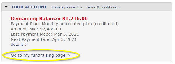 Online Tour Account Balance and Fundraising Page Link
