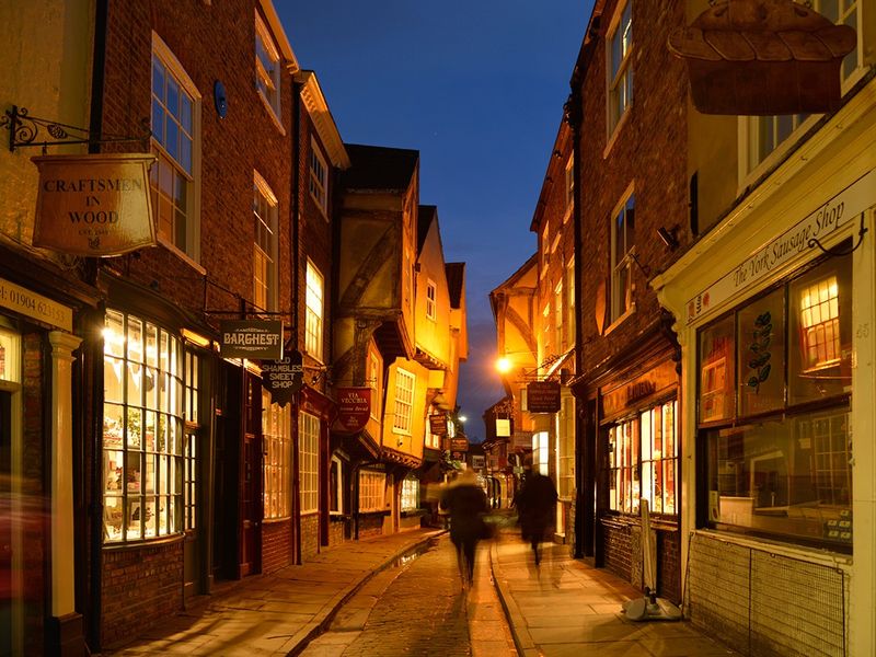 The Shambles in York, England at dusk.