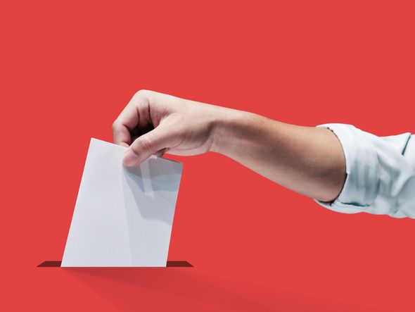 A hand casting a vote in a ballot box.