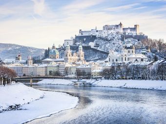 Winter view of Salzburg, Austria with the Hohensalzburg Fortress.