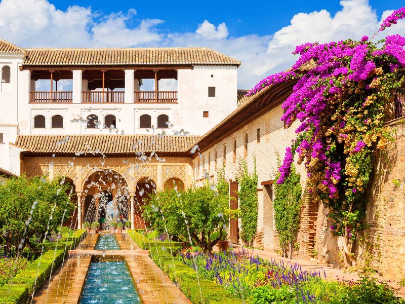 The beautiful Partal Gardens at the Alhambra palace in Granada, Spain.