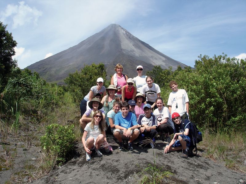 Group photo in front of Arenal Volcano