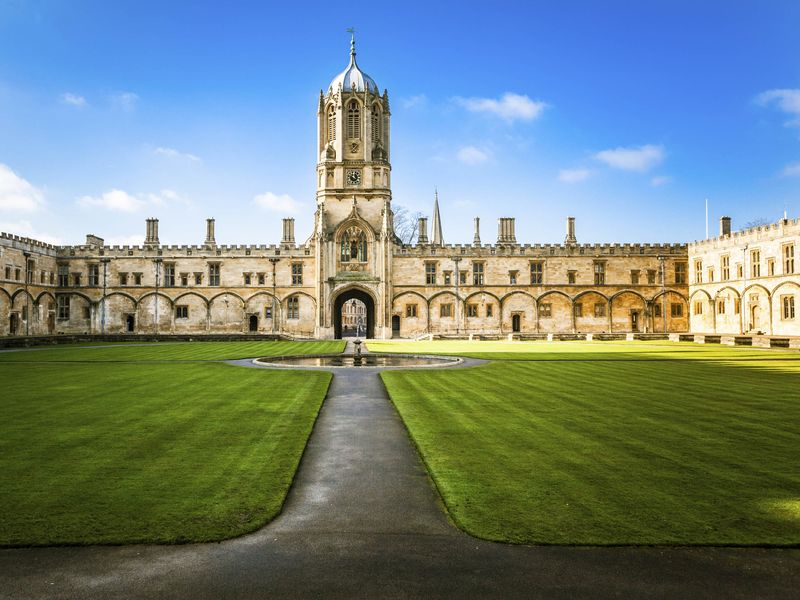 The iconic architecture of Oxford University in England on a beautiful sunny day.