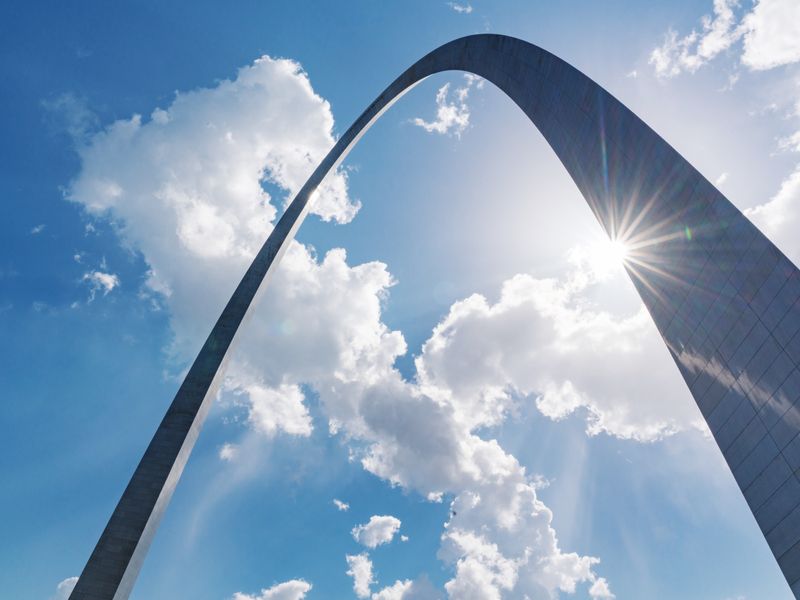 The Gateway Arch as seen from below on a sunny day in St. Louis, Missouri.