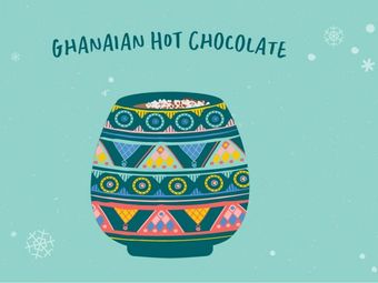 Illustration of a cup of Ghanaian hot chocolate decorated with a colorful pattern.