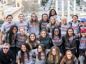 The Stanford Women's soccer team posing for a group photo in Barcelona, Spain.