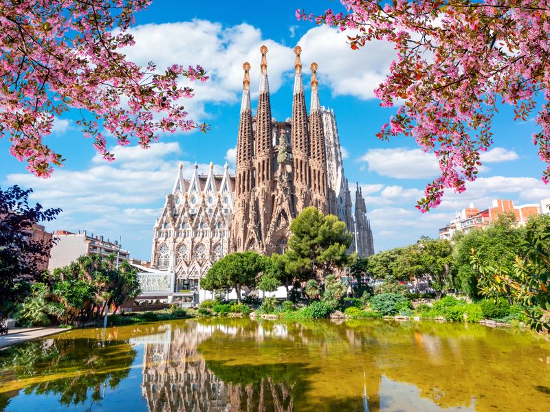 Sagrada Familia in Barcelona, Spain. Its intricate facades, towering spires, and colorful mosaics make it one of the most unique and recognizable buildings.