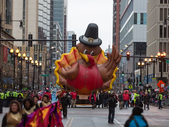 A giant inflatable turkey float at the Chicago Thanksgiving Day Parade.